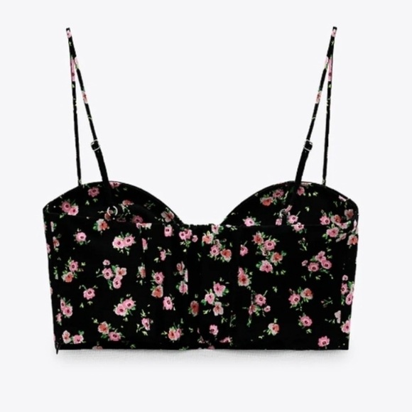 Zara Black Microflower Floral Strappy Crop Corset top size S - Picture 9 of 16